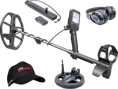 A collection of metal detector accessories and parts, including a detector, headphones, a cap, and coils, arranged on a white background.