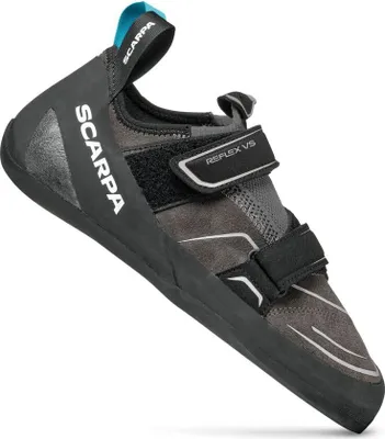 Kletterschuh "Reflex VS" von Scarpa; schwarz mit blauen Akzenten und Klettverschluss.