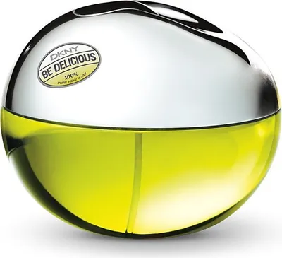 A close-up studio shot of a DKNY Be Delicious perfume bottle.