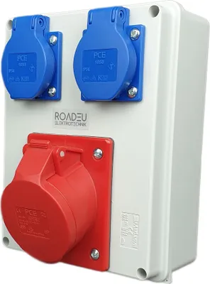 Produktbild von RoadEu - Steckdosenverteiler - CEE Steckdose 16A mit 2x Schuko 230V. Stromverteiler IP44 Für den Innen- und Außeneinsatz Baustromverteiler 16A.
