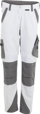 A pair of white and gray work pants are shown against a white background.