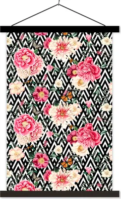 Produktbild von MuchoWow® Textilposter Blumen - Rosa - Schmetterling 60x90 cm mit schwarzem Rahmen - Poster Wohnzimmer
