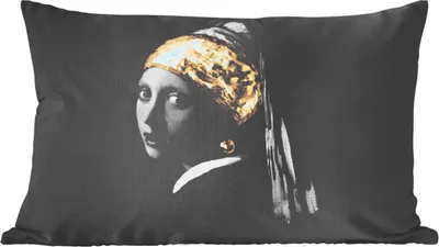 Produktbild von MuchoWow® Zierkissen Sofakissen Wohnzimmer Dekokissen 50x30 cm Mädchen mit einem Perlenohrring - Vermeer - Gold - Wohnzimmerdekoration - Polster mit Photo