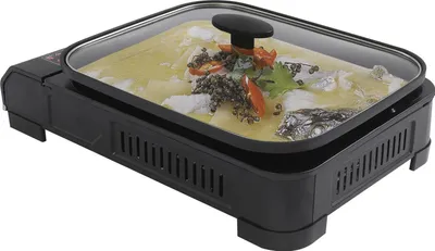 Obrázek produktu pro Přenosný kempingový plynový gril a plynový vařič - Butan - 2,1 kW - Piezoelektrické zapalování - Grilovací pánev s víkem 37×30×3,5 cm - Butanová kartuše není součástí balení - Černá barva