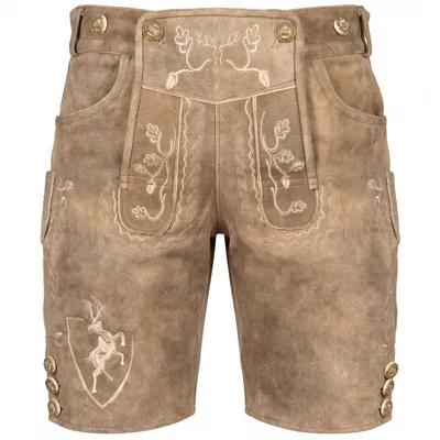 Produktbild von Lederhose Wildbock hellbraun (Fels & Eiche Vintage) aus feinstem Wildbockleder – Größe 46 - Krist und König – SET mit Hosenträger