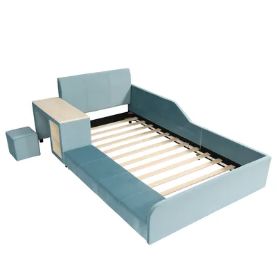 Produktbild von Flieks Polsterbett Kinderbett 90x200cm mit Schreibtisch und Hocker, Bodenbett Einzelbett mit Rausfallschutz, Holzbett mit Lattenrost, Samt, Blau
