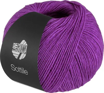 A ball of purple yarn with a black label.