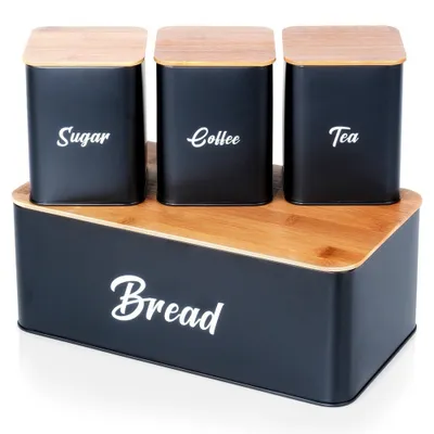 Produktbild von Schwarzes Küchenbehälter-Set mit Bambusdeckel und Brotkasten