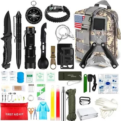 Image de 33 pièces Kit de survie d'urgence en plein air, équipement extérieur Multitool pour la randonnée/le camping/la chasse/l'aventure,Gris