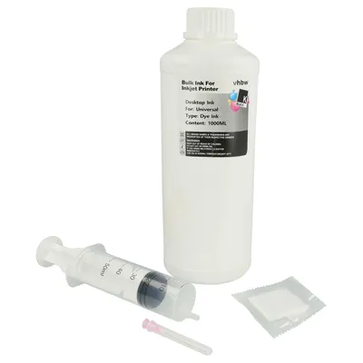 A bottle of bulk ink for inkjet printers, a syringe with a needle, and a small packet are arranged on a white background.