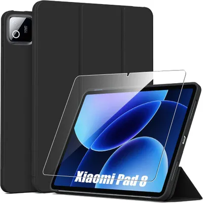 Image de Coque + Verre Trempé pour Xiaomi Pad 8 / 8 Pro, Anti-Rayures avec Support Veille-Réveil - Noir
