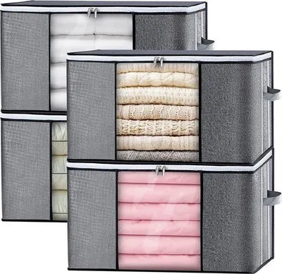 Produktbild von Unyqoos® 4er Aufbewahrungsboxen mit Deckel – faltbar, 84 L (60×40×35 cm), schwarz, 3-lagiges Verbundvlies, verstärkter Griff, Sichtfenster, Reißverschluss #5