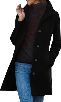 Produktbild von ASKSA Damen Warme Lang Herbst Mantel Locker Trenchcoat Longline Winterjacke Mit Taschen Wollmantel Hemdjacke Wool Coat,Schwarz,L