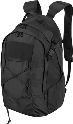 A studio shot of a black backpack.