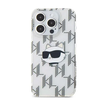 A transparent iPhone case with a Karl Lagerfeld Choupette cat design and monogram pattern.