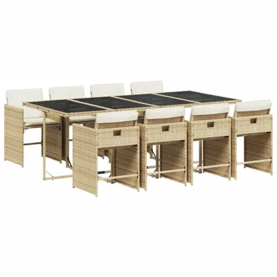 Produktbild von 9-tlg. Garten-Essgruppe mit Kissen Beige Poly Rattan