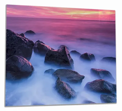 Produktbild von Wallario Herdabdeckplatte aus Glas, Größe 60 x 52 cm 1-teilig, Motiv Felsen im Meer bei Sonnenuntergang
