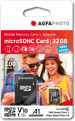 Productafbeelding van AgfaPhoto 32GB MicroSDHC Class 10, 32768 MB, Micro Secure Digital High-Capacity (MicroSDHC), afmetingen: 32 mm, 24 mm, 1 mm, blisterverpakking