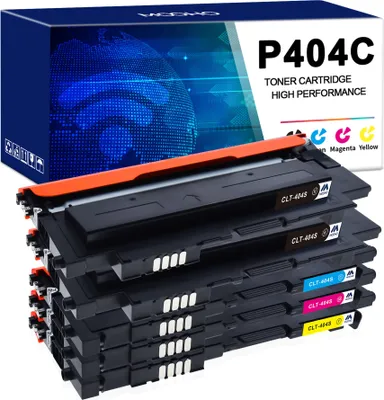 A stack of toner cartridges with a box in the background.