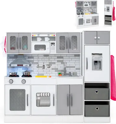 Immagine prodotto di Cucina per bambini COSTWAY con 22 accessori, cucina modulare con frigorifero e 2 cestini in tessuto, funzione acqua, cucina in legno luminosa e sonora per bambini 3+grigio