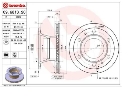 Produktbild von 2x BREMBO 09.6813.20 Bremsscheibe Hinterachse, Vorderachse