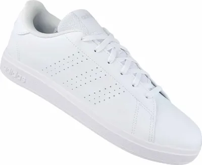A white Adidas sneaker is shown from a slight angle against a white background.