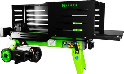 A green and black electric log splitter is shown against a white background.