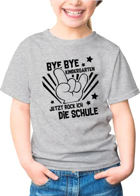 Produktbild von Kinder T-Shirt Mädchen Bye Bye Kindergarten Abschied Geschenk zur Einschulung Schulanfang Moonworks® grau 122-128 (7-8 Jahre)