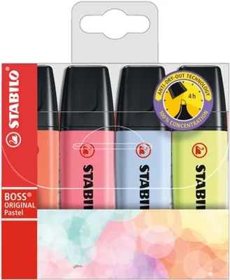 Produktbild von Textmarker - STABILO BOSS ORIGINAL Pastel - 4er Pack - Korallrot, Kirschblütenrosa, Wolkenblau, Prise von Limette