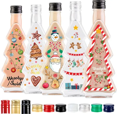 Zdjęcie produktu dla SUPERBUTELKI - 5 szt. Butelki na alkohol, bimber, wódkę ze świątecznymi naklejkami - Szklane buteleczki Choinka 200 ml - dekoracje na stół, ozdoby bożonarodzeniowe