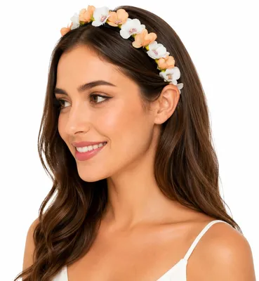 Produktbild von Blumen Haarreif "Elfe" - Schmaler Blütenkranz | Weiß Apricot