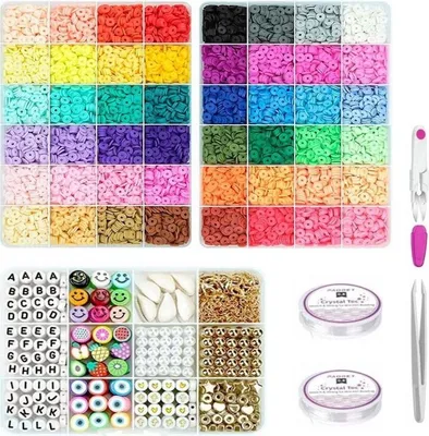 A collection of DIY jewelry making supplies, including various beads, strings, and tools, arranged in a collage format.