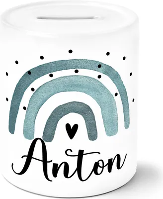 Produktbild von Kinder Spardose mit Name bedruckt Motiv Regenbogen personalisierbare Geschenke Sparschwein Keramik SpecialMe® Jungs weiss-blau unisize