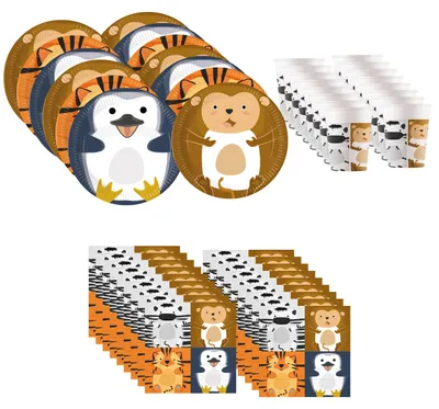 Produktbild von Zoo Tiere Geburtstagsdeko Set 52-tlg Partygeschirr Teller Becher