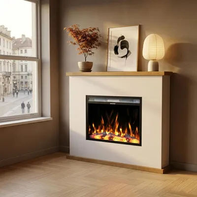 Produktbild von Garlivo Elektrokamin 'TORINO Weiss/ Eiche ' | LED Standkamin in weiss mit Heizung (1500 W) | HxBxT: 99x116x28cm