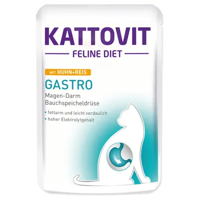 A product shot of Kattovit Feline Diet Gastro cat food packaging.