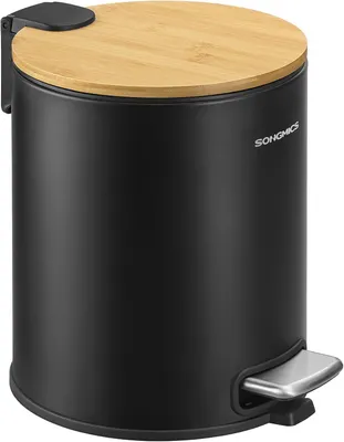 Image de Poubelle à pédale de 6 litres - Poubelle de salle de bain avec couvercle en bambou à fermeture douce - Seau intérieur amovible