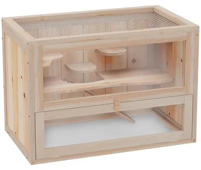 Image de Cage en bois pour hamsters et rongeurs - Cage pour petits animaux - Toit grillagé - Rampe - Bonne aération - Bois naturel