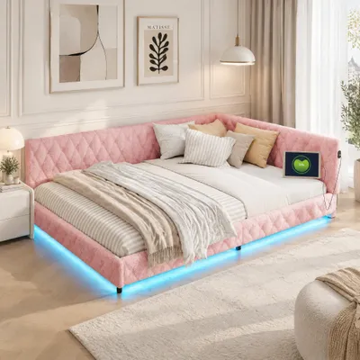 Obrázok produktu pre INONEFT Čalúnená posteľ s rozkladacou sedačkou, 140x200 cm, s USB portami. Posteľ pre mládež, 140x200 cm, s LED pásikom pod posteľou. Detská posteľ, materiál: plyšová látka, farba: ružová
