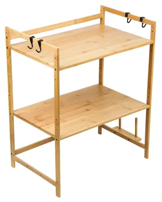 Produktbild von Mikrowellenregal - 2-stöckiges Bambus Küchenregal - 4 Haken - Schneidebretthalter - Arbeitsplatten Organizer - Holzfarbe