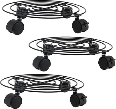 Produktbild von 3er Set runde Metallpflanzentöpfe 30 cm mit Rädern, robuste Pflanzentrolley für den Garten, rollende Pflanzentischwagen für Innen und Außen, schwarz