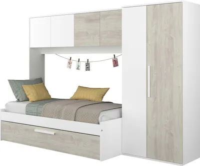 Produktbild von Bett Lev 90x200 cm mit Schrank und Bettschublade - Kiefer/weiß