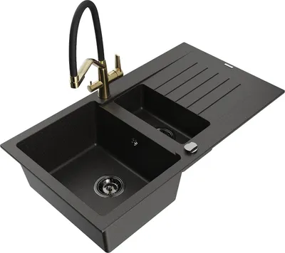 Produktbild von Mexen Matias 1,5-Becken-Granitspüle mit Abtropffläche und Mischbatterie Duo, Schwarz/Gold metallisch - 6502-75-671701-57-B