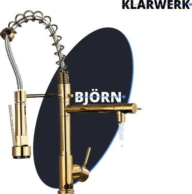 Immagine prodotto di KLARWERK® Björn | Rubinetto da cucina per gastronomia oro lucido con due spruzzi | Rubinetto da cucina professionale in acciaio inox | Doppio lavello ristorante