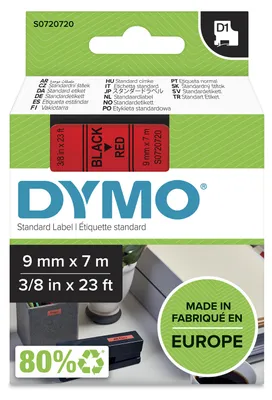 Obrázek produktu pro DYMO páska D1 9 mm x 7m, černá na červené, Černá na červené, Polyester, Belgie, -18 - 90 °C, DYMO, LabelManager, LabelWriter 450 DUO