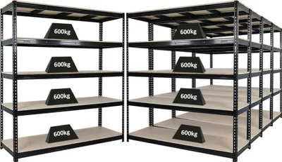 Produktbild von Mega Deal | 5x Profi Schwerlastregal BISON | HxBxT 200x200x60cm | 5 Fachböden | Fachlast 600kg | Schwarz