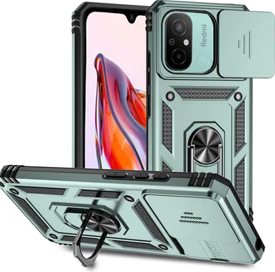 Immagine prodotto di Custodia per Xiaomi Poco C55 / Redmi 12C a doppio strato con copertura scorrevole della fotocamera e supporto ad anello verde