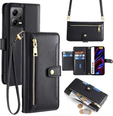 Produktbild von Handykette Xiaomi Hülle mit Band Handyhülle Kartenfächer Kunstleder Umhängetasche Redmi Note 12 5G / Poco X5 5G Schwarz