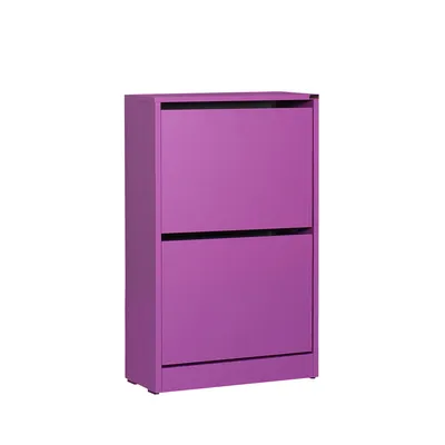 A purple shoe cabinet with two drawers against a white background.