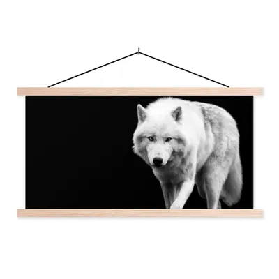 Produktbild von MuchoWow® Textilposter Wolf - Tier - Schwarz - Weiß 60x30 cm mit holzfarbenen Rahmen - Dekoration